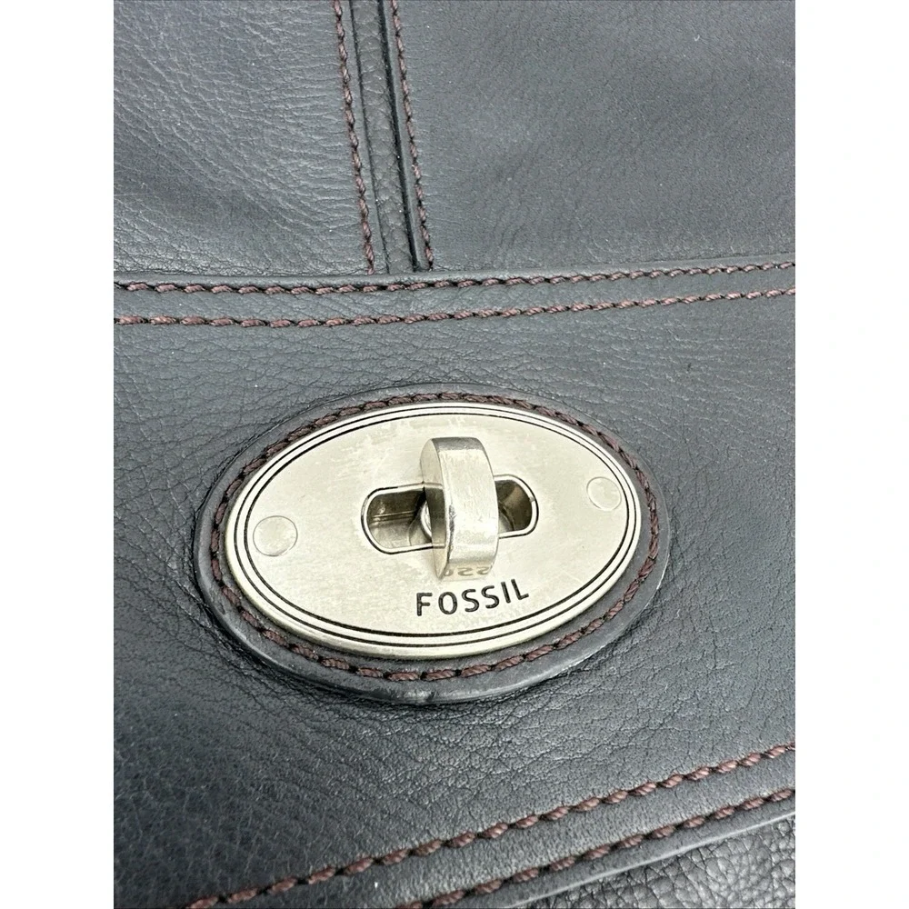 FOSSIL Leather Long Live Vintage 1954 Laptop Tote Shoulder Bag In Black